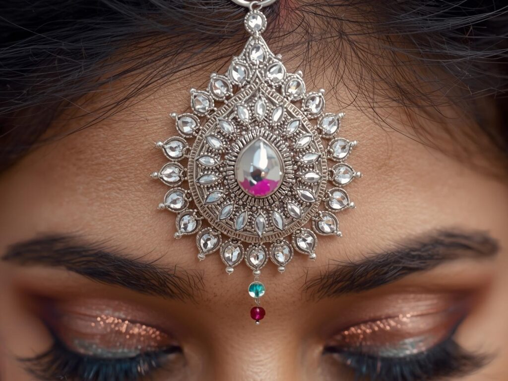 A traditional silver piece of dandiya jewellery, is worn on a woman's forehead