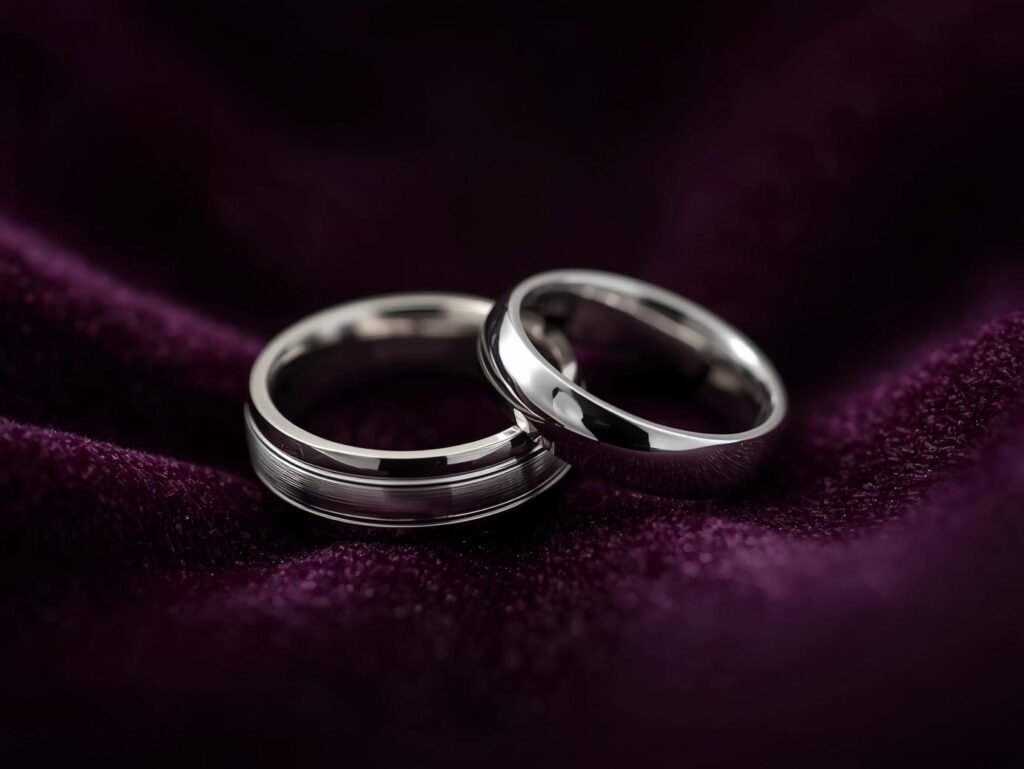 Close-up of a palladium ring and platinum band