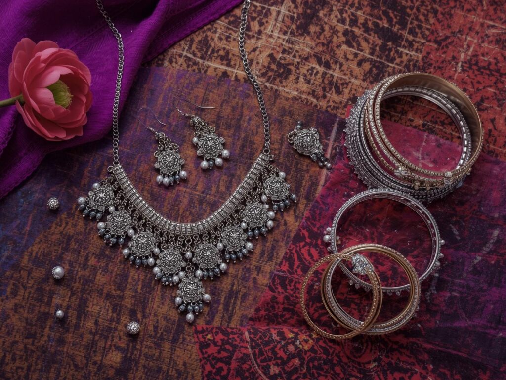  A stunning oxidized silver dandiya jewellery set