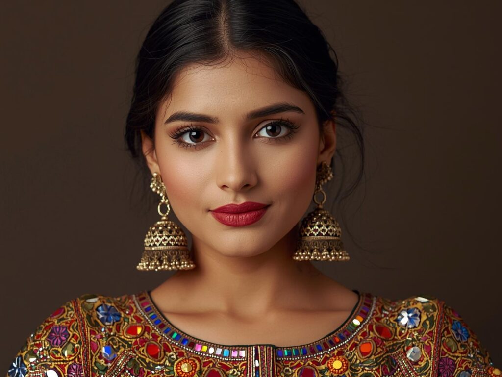 A woman styled as the perfect statement dandiya jewellery for Navratri
